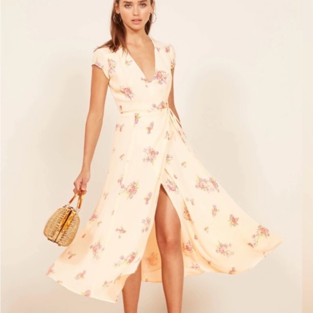 Reformation Floral High Low Dress in Cream and Pink